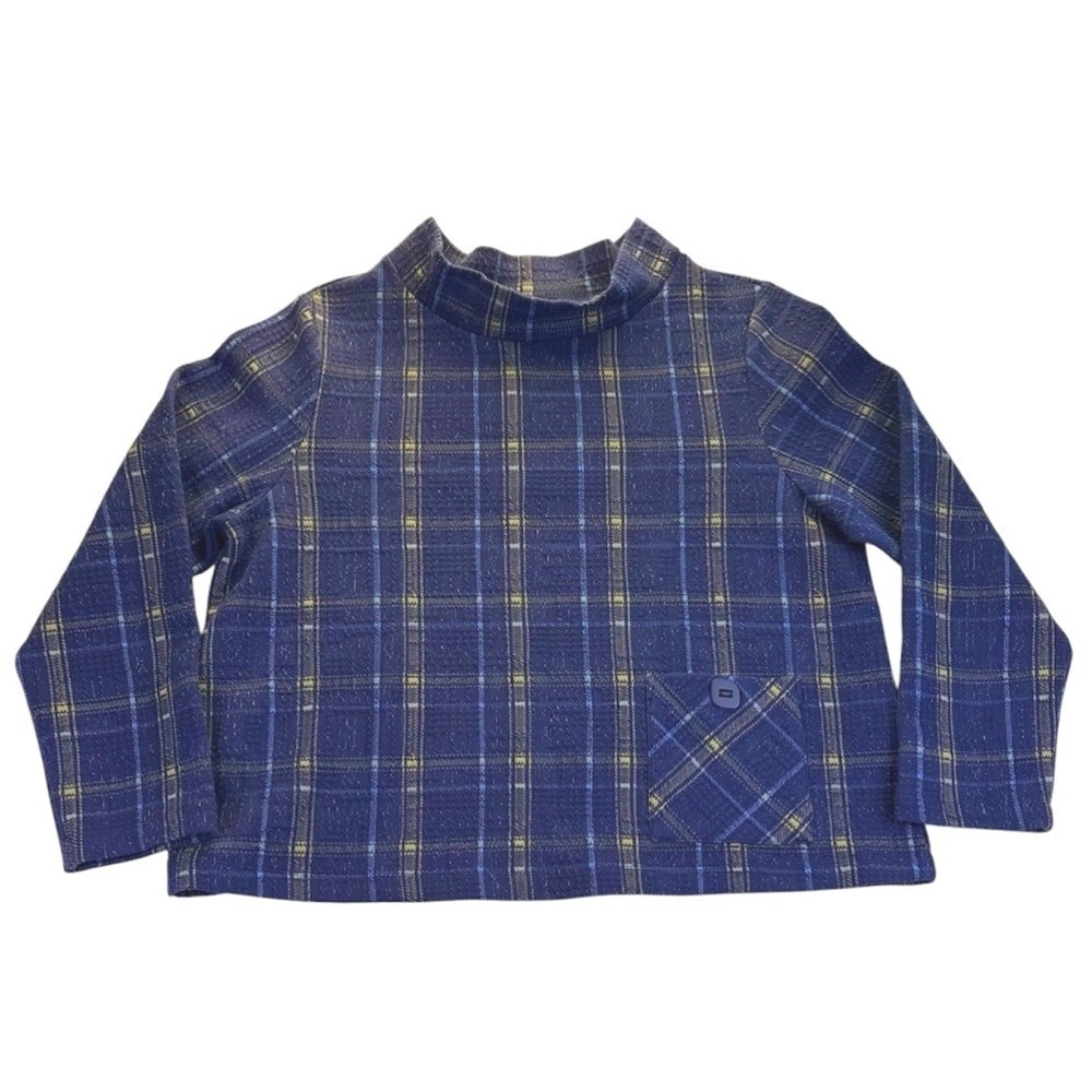 Habitat Navy Blue Plaid Funnel Neck Top XL Textured Cotton Blend Academia Preppy